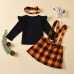 【3M-3Y】Girls Round Neck Black Blouse and Plaid Suspender Skirt Set