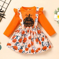 【12M-5Y】Girls Cute Halloween Print Long Sleeve T-shirt And Suspender Skirt Set