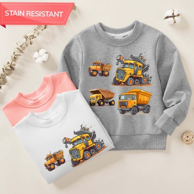 【12M-9Y】Boys Cotton Stain Resistant Engineering Car Print Long Sleeve Sweatshirt