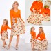 Sweet V-neck Long Sleeved Stitching Flower Orange Mom Girl Matching Dress